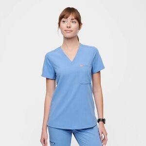 Figs Women's Technical Collection Blue V-Neck Short Sleeve Scrub Top - LARGE